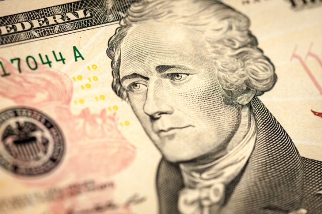 Alexander Hamilton on a ten dollar bill, closeup.