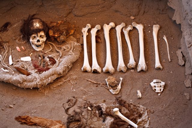 An excavated grave of the old Nazca people, Southwest Peru, including a skull, with hair, and femurs of several people, as well as some other bones. These bodies are estimated to be 1,500 years old but are remarkably well preserved by the arid climate here.