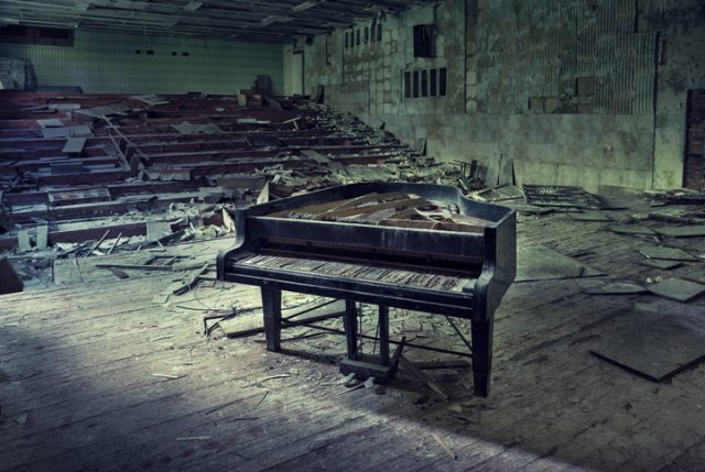 Old piano in an abandoned building, Pripyat.