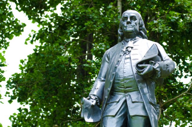 Statue of Benjamin Franklin at Washington Square Park in San Francisco, CA. Statue was donated to the city of San Francisco by Henry Cogswell in 1879.