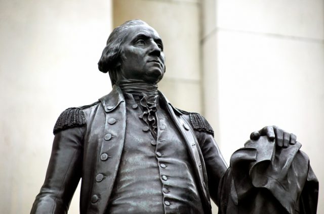 George Washington statue erected outside The National Gallery in Trafalgar Square, London, England, UK, presented by ‘The Commonwealth Of Virginia’ in 1921, this is a duplicate, the original being in Richmond, Virginia.