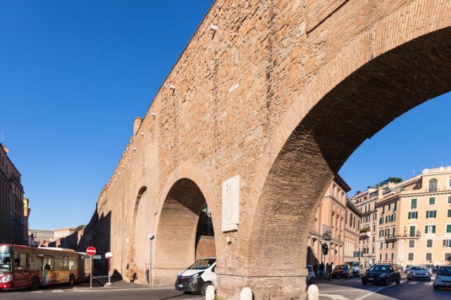 Rome, Italy – October 31, 2016: Wall of Passetto di Borgo elevated passage between Vatican City and Castel Sant’Angelo in Rome. It wall was erected in 1277 by Pope Nicholas III.