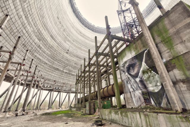 Inside of unfinished cooling tower of Chernobyl nuclear power plant block 5. Chernobyl, Ukraine -November 26, 2017.