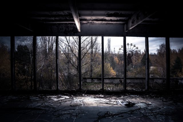 View of the horizon from inside the abandoned gym in Prypjat ghost town, Chernobyl.