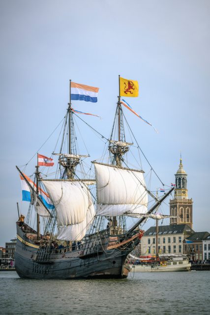 Old VOC sailing ship Halve Maen at the river Ijssel during the 2018 Sail Kampen event in the Hanseatic league city of Kampen in Overijssel, The Netherlands.