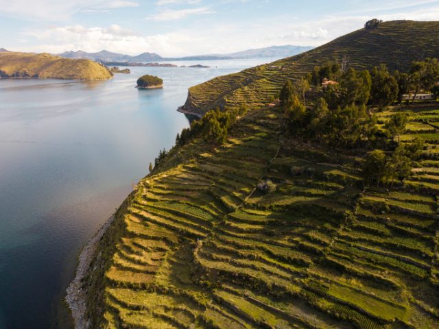 Aerial photo of Island of the Sun at the Bolivian side of Lake Titicaca.