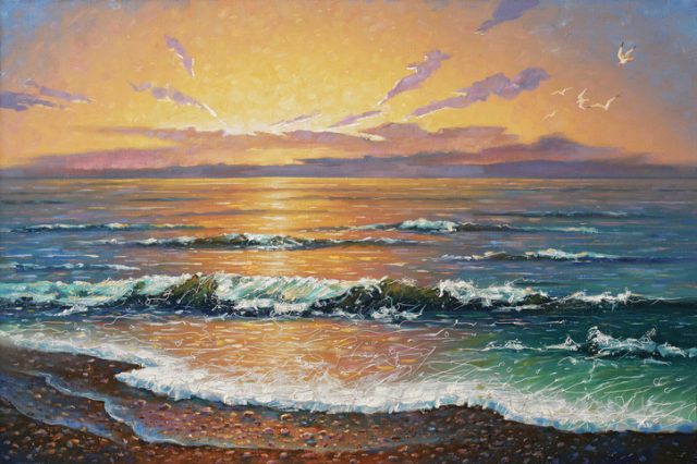 I like to depict nature during a bright sunset. This is a gold watch for creative work. During sunset picturesque paintings turn out the most interesting in color and tone!