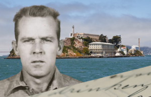 View of Alcatraz from across the water + John Anglin's mugshot + Hand written letter