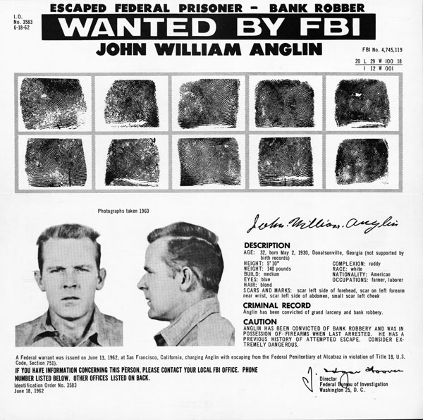 Wanted poster featuring John Anglin's mugshot and fingerprints