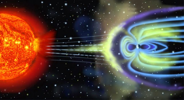 Illustration of solar particles and the Earth’s magnetic field. Photo by NASA