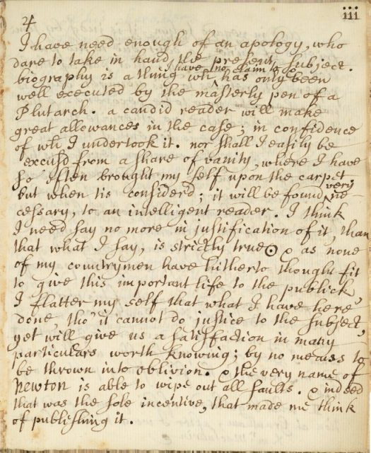 Page from from Memoirs of Sir Isaac Newton’s life, by William Stukeley, 1752.