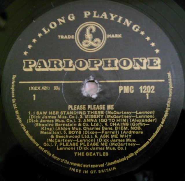 Please Please Me, side 1, with original Parlophone gold and black label. Photo by Parlophone Records CC BY-SA 3.0