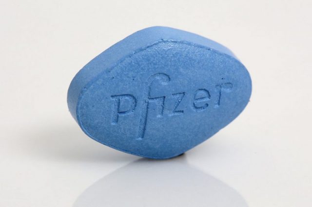 Pfizer Viagra tablet in the trademark blue diamond shape Photo by Audrey disse CC BY-SA 3.0
