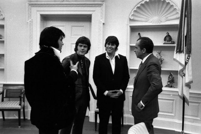 President Richard M. Nixon meeting Elvis Presley and two of his associates, Jerry Schilling and Sonny West, December 21, 1970.