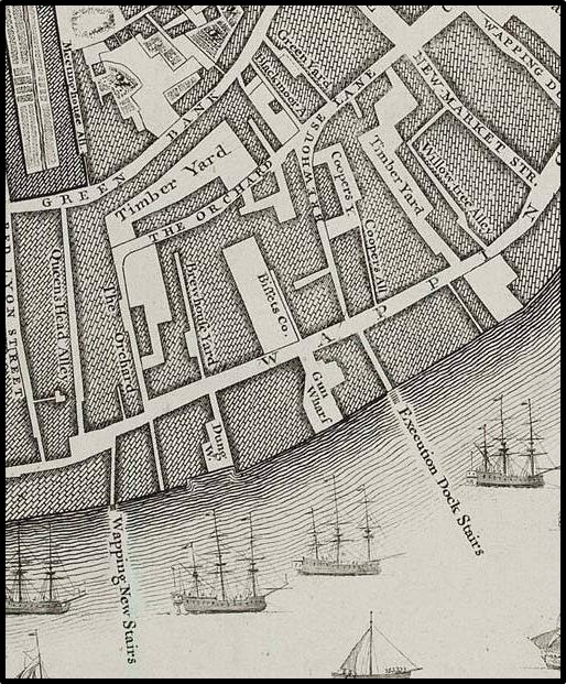Rocque’s map of 1746 showing location of Execution Dock Stairs at Wapping, London.