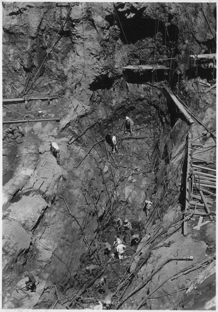 Trench at upstream toe of Boulder Dam foundation, looking toward Nevada side from top.
