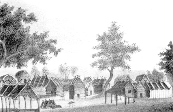 View of a Seminole village shows the log cabins they lived in prior to the disruptions of the Second Seminole War.
