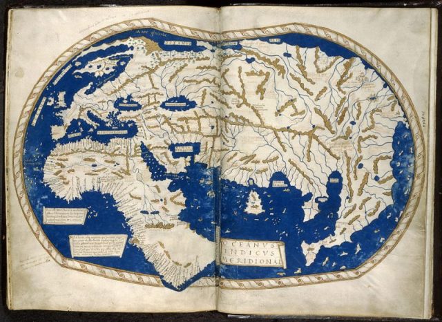 The world map of Henricus Martellus Germanus (Heinrich Hammer the German), Florence 1489. The first map with the Dragon Tail. It is a mixture of Ptolemy, recent Portuguese discoveries and unknown sources. Displays the Cape of Good Hope, rounded by Bartolomeu Dias in 1488.