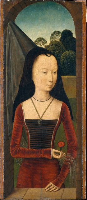 Hans Memling, Young woman in a conical hennin with black velvet lappets or brim and a sheer veil, from the Allegory of True Love, 1485–90.