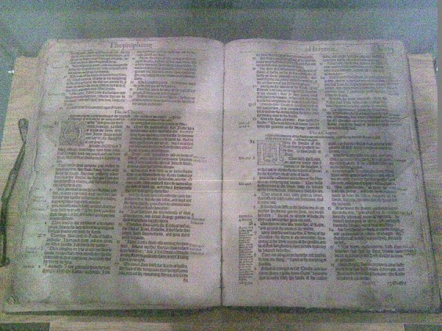The Treacle Bible opened at the page of the eponymous curiosity. St Mary’s Church, Banbury.
