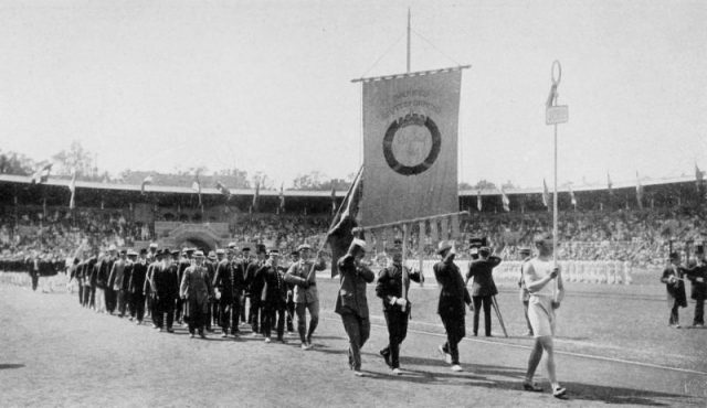 The team of Sweden at the opening ceremony of the 1912 Summer Olympics.