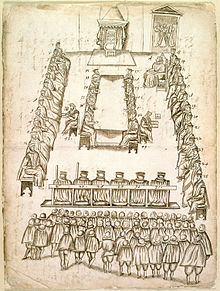 Drawing of the trial of Mary, Queen of Scots, October 14–15, 1586.