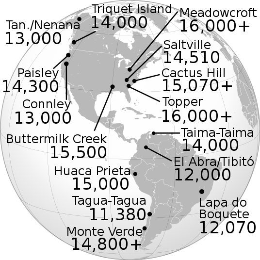 Map of the Americas showing pre-Clovis sites. Photo by Pratyeka CC BY-SA 4.0