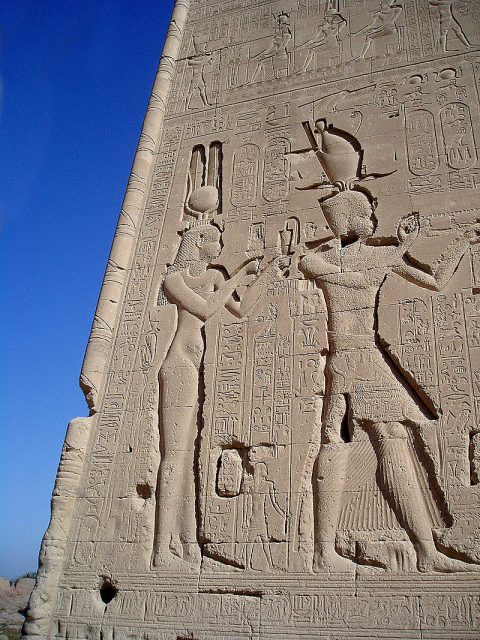 Reliefs of Cleopatra and Caesarion at the Temple of Dendera, Egypt.