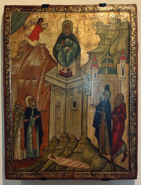 16th century icon of Simeon Stylites. At the base of the pillar is his mother’s body. (Historic Museum in Sanok, Poland)