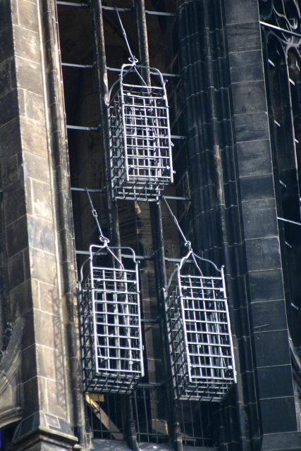 Cages of the leaders of the Münster Rebellion at the steeple of St. Lambert’s Church. Photo by Rüdiger Wölk CC BY-SA 2.5
