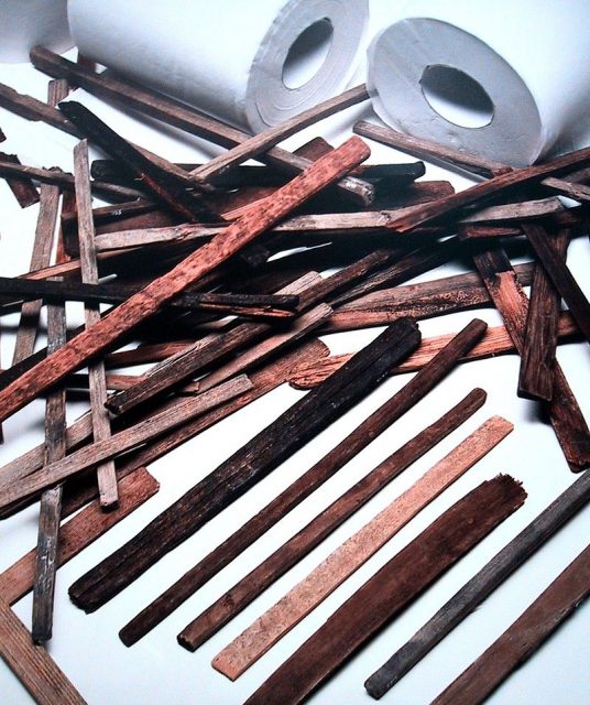 Anal cleansing instruments known as chūgi from the Nara period (710 to 784) in Japan. The modern rolls in the background are for size comparison. Photo by Chris 73 CC BY-SA 3.0