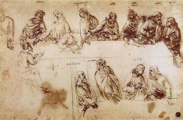 A study for The Last Supper from Leonardo’s notebooks showing nine apostles identified by names written above their heads
