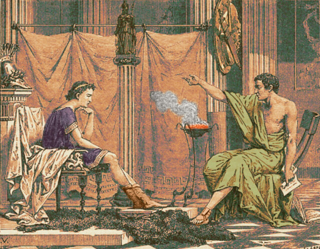 Colorized illustration of Alexander and Aristotle