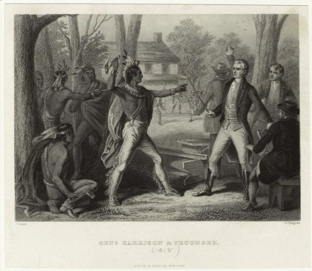 At Vincennes in 1810, Tecumseh accosts William Henry Harrison when he refuses to rescind the Treaty of Fort Wayne.