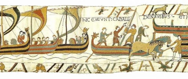 Bayeux Tapestry, depicting ships coming in and horses landing.