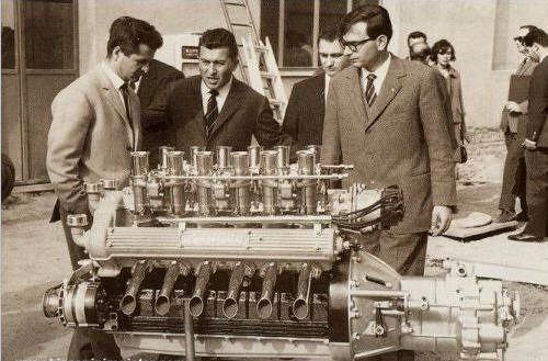 From left to right: Giotto Bizzarrini, Ferruccio Lamborghini and Gian Paolo Dallara at Sant’Agata Bolognese in 1963, with a Lamborghini V12 engine prototype.