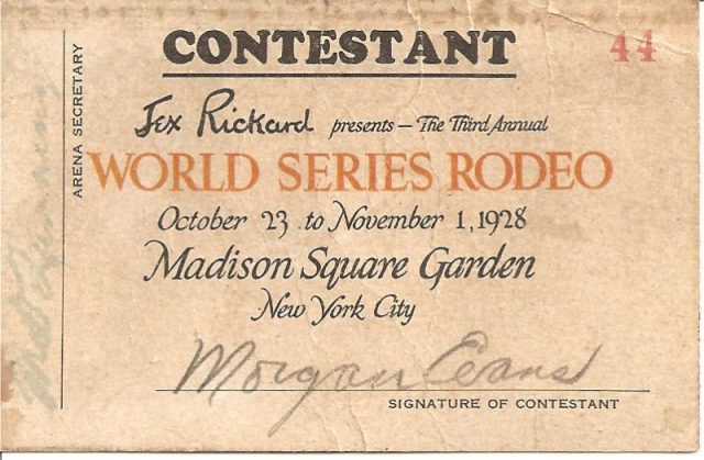 Second Annual 1928 World Series Rodeo (Steer wrestling Champ 1927) Contestant ticket.