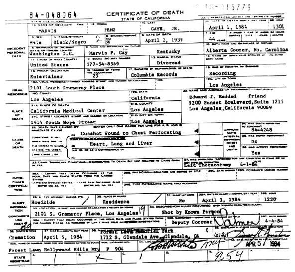 Death Certificate of Marvin Gaye