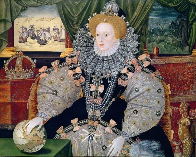Portrait commemorating the defeat of the Spanish Armada (depicted in the background). Elizabeth’s hand rests on the globe, symbolising her international power. One of three known versions of the “Armada Portrait”.