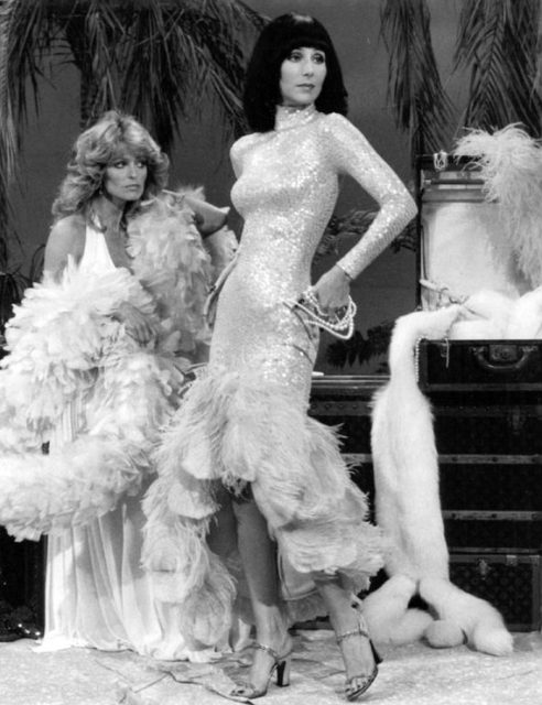 Fawcett (left) with Cher on The Sonny & Cher Show in 1976.