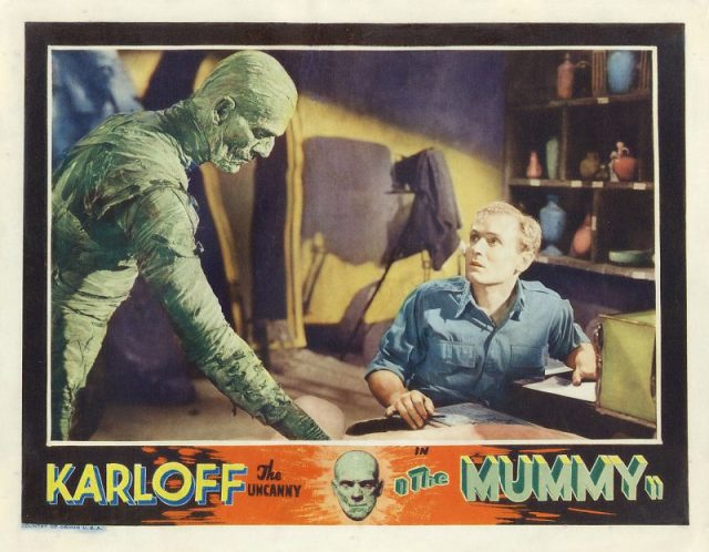 Film poster with text ‘Karloff the uncanny in The Mummy.’