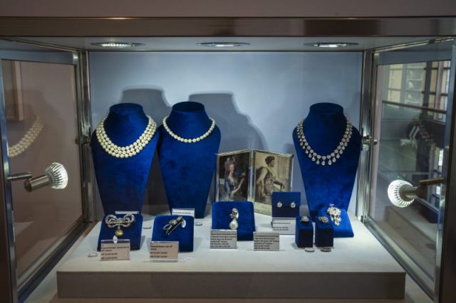 Jewelry worn by Queen Marie Antoinette is displayed at Sotheby’s auction house in New York City. The collection of aristocratic jewels, belonging to the Bourbon-Parma family, is set to hit the auction block on November 14. Photo by Drew Angerer/Getty Images