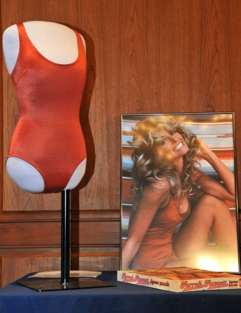 The red swimsuit belonging to Farah Fawcett and an original copy of the immortal swimsuit poster were enshrined in the Smithsonian Institution’s National Museum of American History in Washington, D.C, February 2, 2011. Photo by AFP PHOTO/Karen BLEIER
