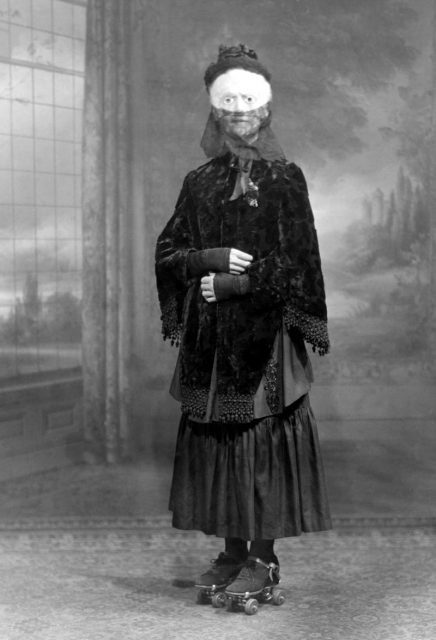 Woman in a costume – wearing roller skates so she can glide along like a ghostly spirit. Photo by Getty Images