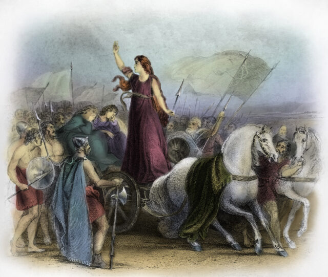 Illustration of Boudicca guiding her army.