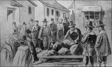 Old drawing of the death of Giles Corey (Sept. 19, 1692)