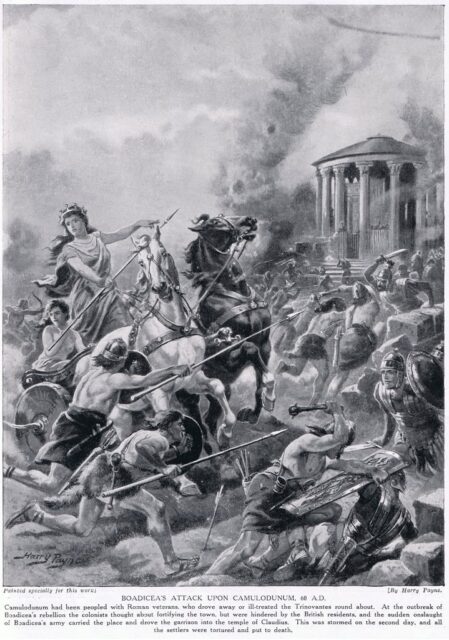 Illustration of Boudicca commanding her army to charge.