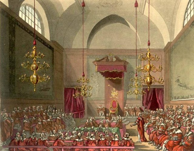 The House of Lords of the United Kingdom of Great Britain and Ireland (old chamber, burned down in 1834) as drawn by Augustus Pugin and Thomas Rowlandson for Ackermann’s Microcosm of London (1808– 1811).