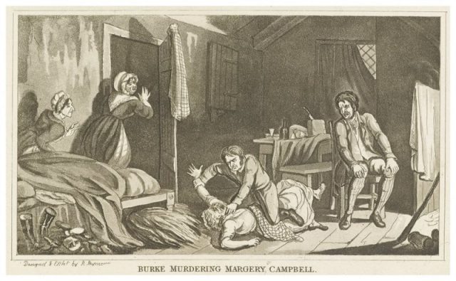 Idealised etching of Burke murdering Margaret Docherty (also known as Margery Campbell) by Robert Seymour.