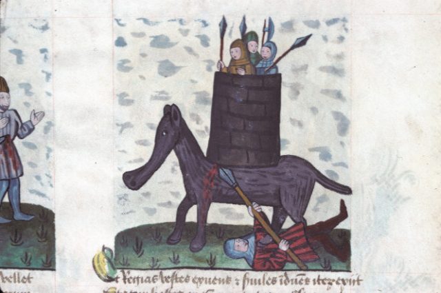 Miniature from the 14th century manuscript Speculum Humanae Salvationis. Eleazar kills the elephant and is crushed.